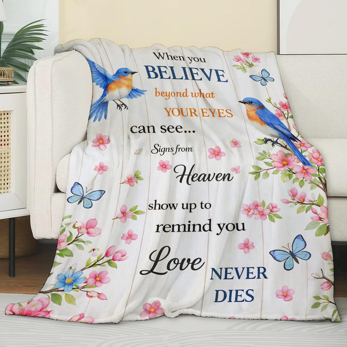 Zeleda Floral Bluebird Flannel Blanket, Soft Cozy Throw with Animal and Butterfly Flower, Rustic Home Bedroom Decor and Gifts for Women Kids Girls, Lightweight Blankets for All Seasons, 50x60 Inch