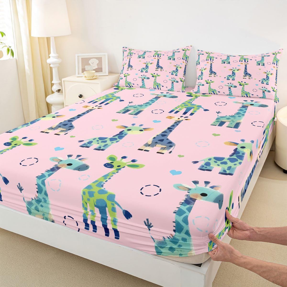 Erosebridal Giraffe Bed Sheets Full Pink and Green Geometric Sheet Set for Kids Boys Girls Cartoon Kawaii Sheets Wild Animal Flat Fitted Sheet 3 Pcs