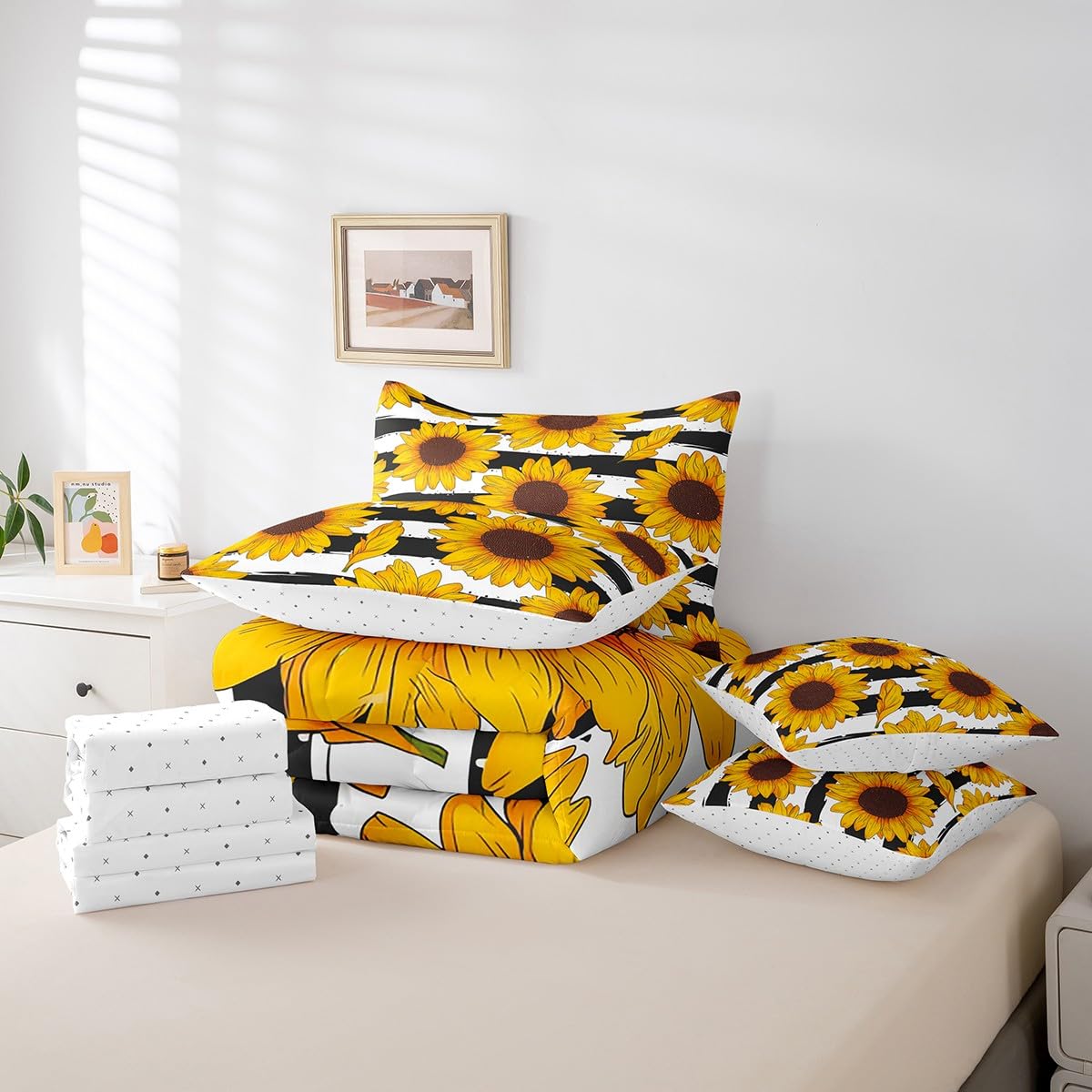 Erosebridal Sunflower 7 Piece Comforter Set Full Bed in a Bag,Yellow Flowers Bedding Sets Black and White Striped Sheet Set with Comforter