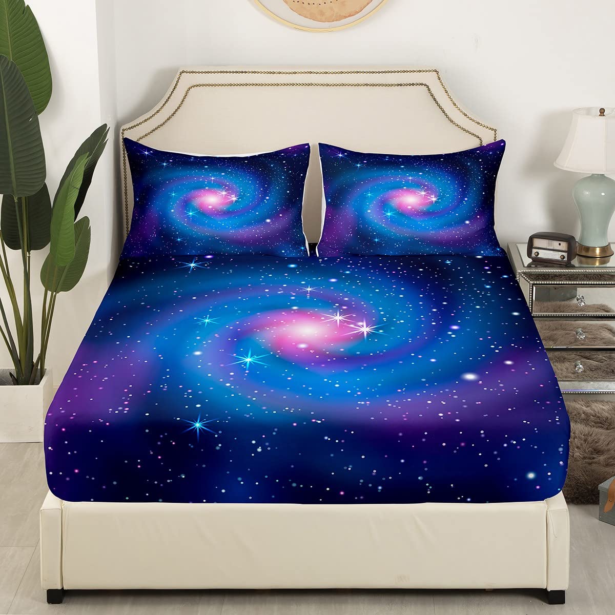 Erosebridal Purple Starry Sky Fitted Sheet Twin Size Kids Teens Galaxy Sheet Set Outer Space Star Universe Printed Bed Cover for Boys Girls,Decorative 2 Pcs Bedding Set (1 Fitted Sheet 1 Pillow Case)