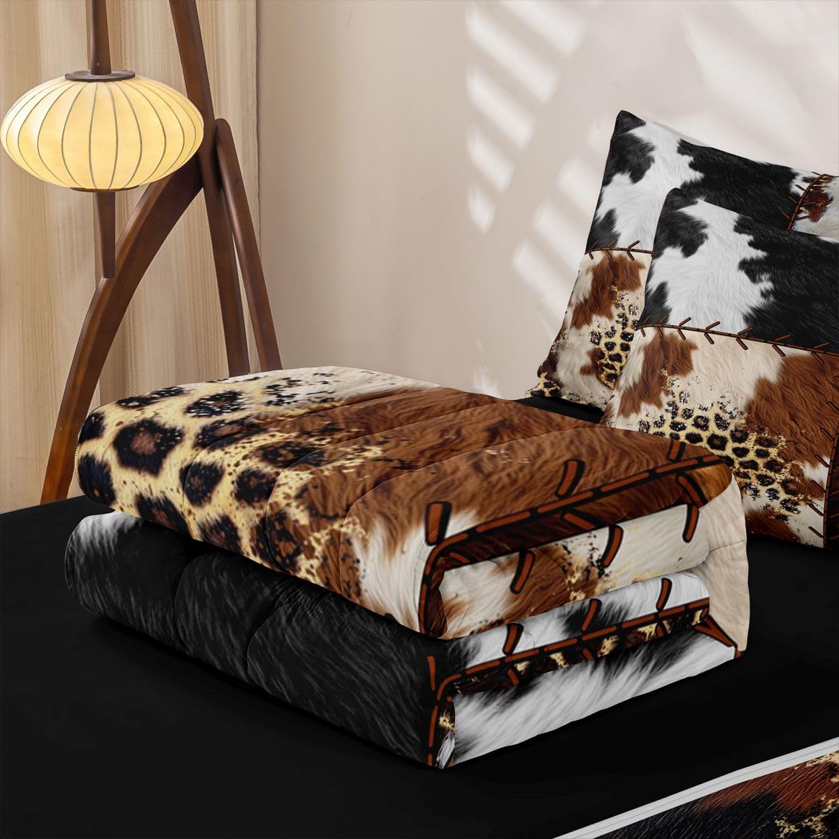 Feelyou Cow Fur Zipper Bedding Sets Kids Cowhide Print Queen Comforter Set with Fitted Sheet Boys Girls Decor Western Farm Animal Skin Comforter Plaid Grid Black Yellow Bed in A Bag