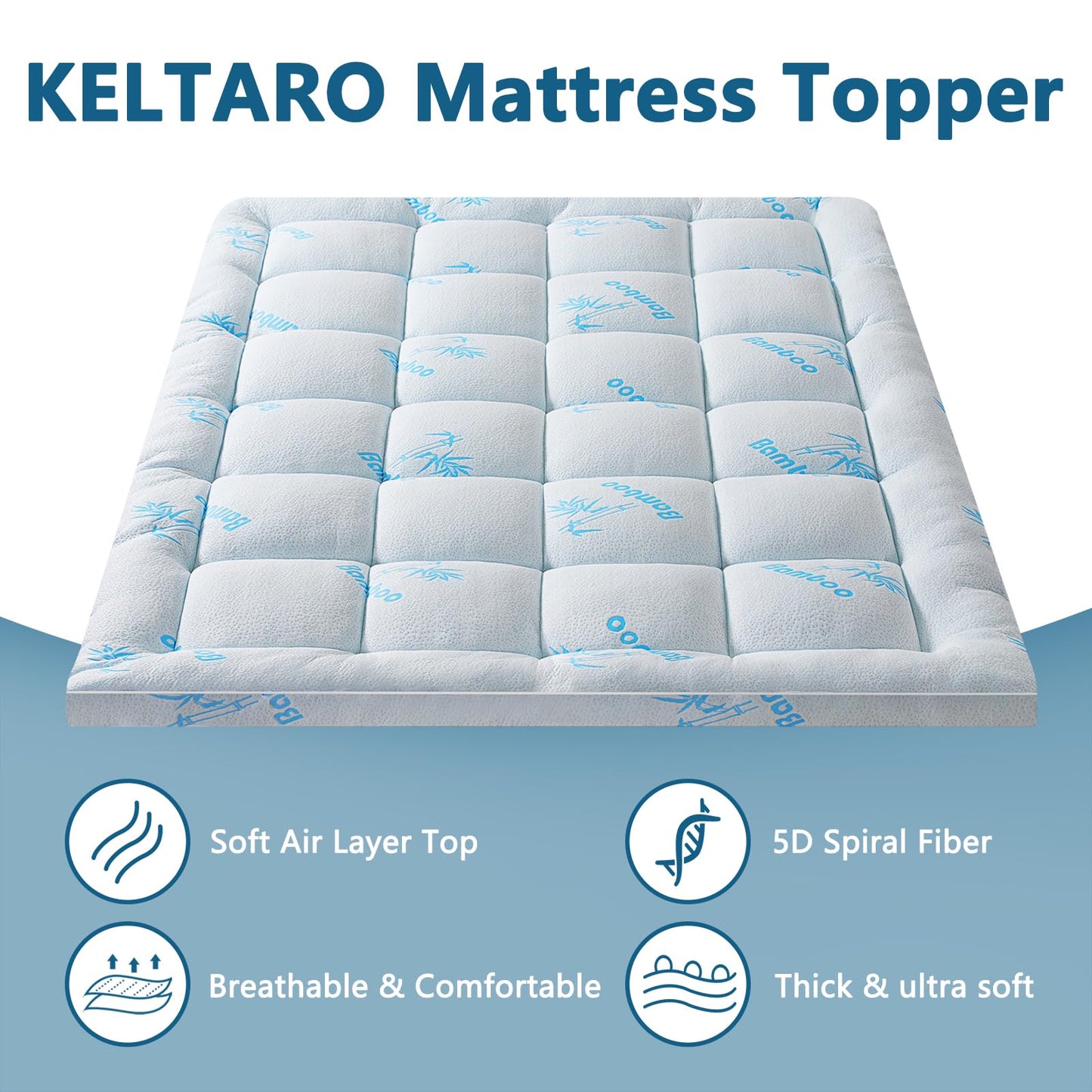 KELTARO Mattress Topper Queen Size,Viscose Made from Bamboo Extra Thick Mattress Pad 8-21" Deep Pocket Soft Down Alternative Fill Mattress Protector Pillow Top Mattress Cover(60x80 Inches)