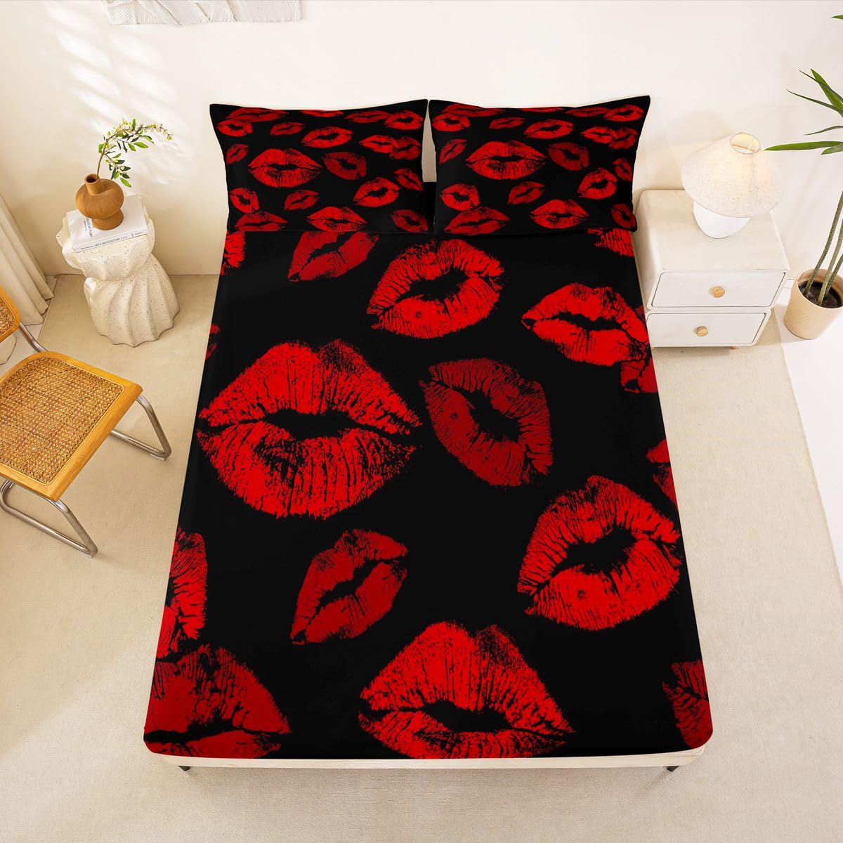 Feelyou Lips Fitted Sheet Full Size for Kids Boys Girls Kissing Lips Bed Sheets Set 16" Deep Pocket Soft Breathable Microfiber Romantic Bedding with 2 Pillowcases Room Decor