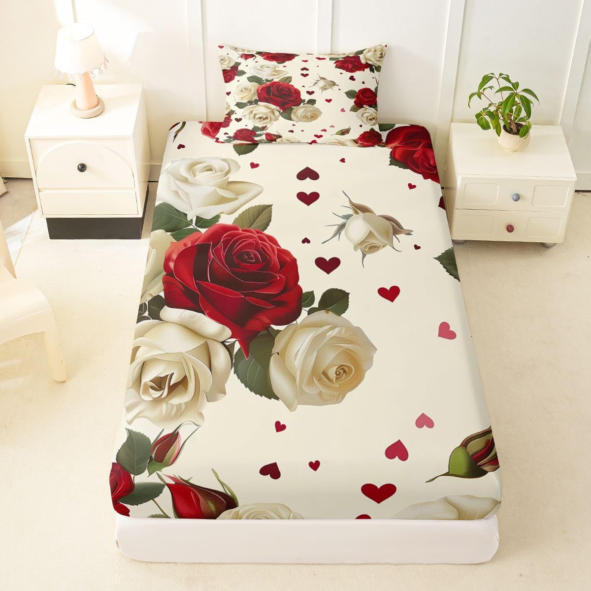 Erosebridal Red White Rose Bed Sheets Set Twin Farmhouse Floral Leaf Sheet Set Vintage Luxury Roses Sheets Romantic Flowers Flat Fitted Sheet