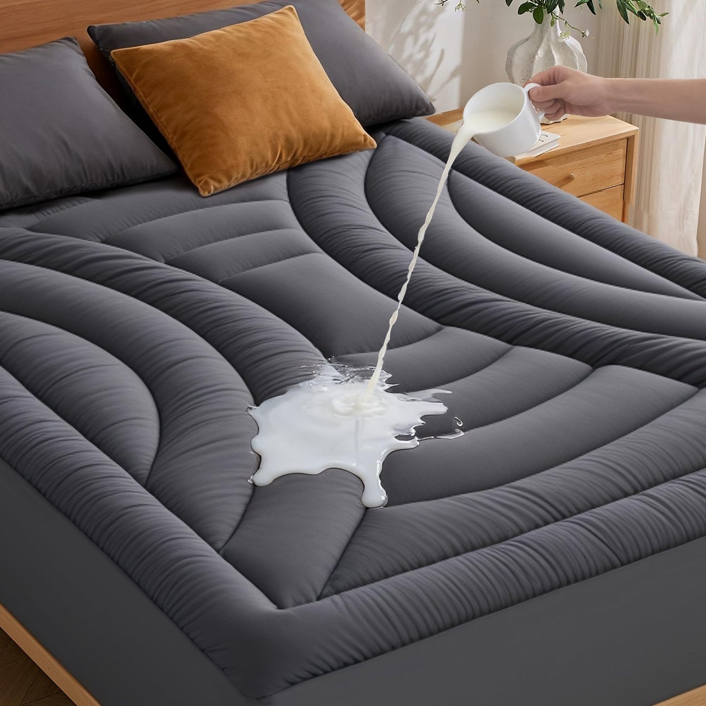 Waterproof Queen Mattress Pad, Noiseless Mattress Protector with 8"-21" Deep Pocket, Quilted Fitted Soft Mattress Topper Cover for Accidents, Machine Washable, Grey, 60x80