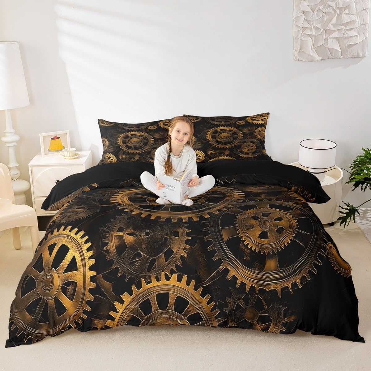 Erosebridal Golden Ndustrial Gear Bedding Set Full Size Steampunk Style Duvet Cover Clocks Theme Comforter Cover for Boys Men Mechanical Device Bedspread Cover, Black