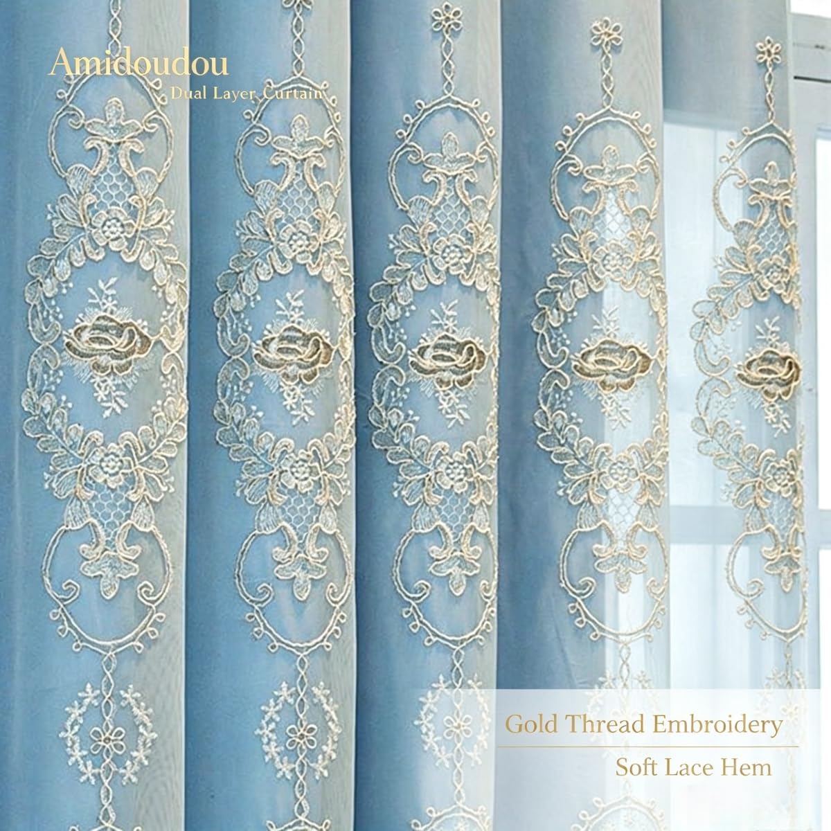 Amidoudou 1 Pair European Double Layer Curtains with Valances for Living Room Bedroom 3D Flower Embroidered Curtains (Blue,63x96 Inch)