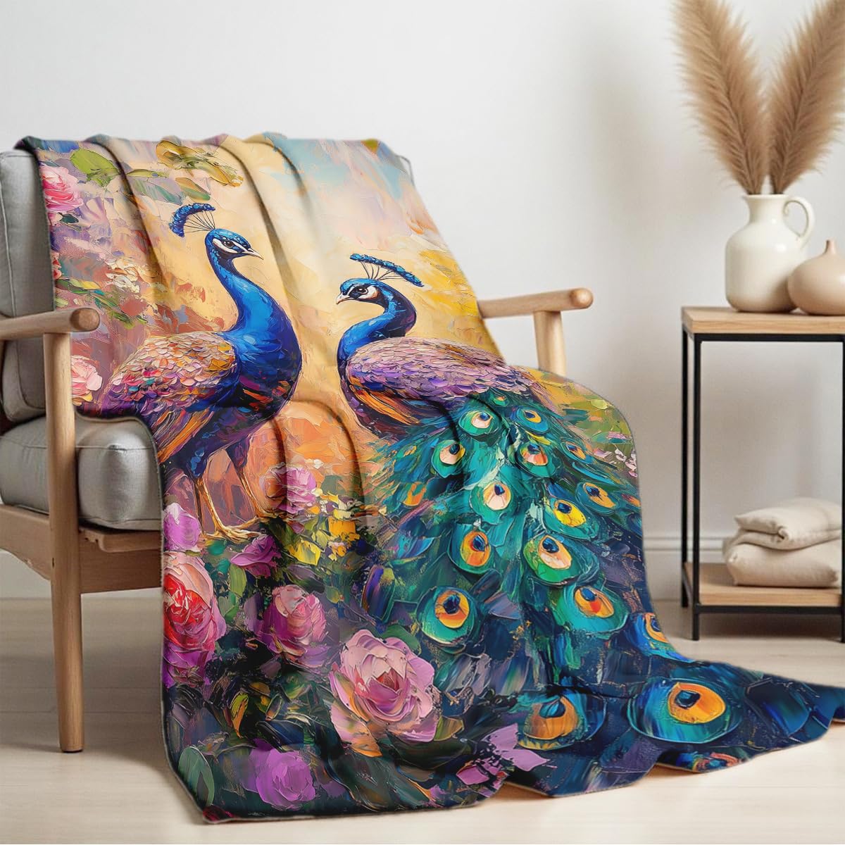HUNXIAOJ Peacock Blanket Throw Queen Size Elegant Animal Decor Bird Print Flannel Throw Couch Bed Living Room Home Decor Gifts for Lovers Women Girls Adults 59"x70"