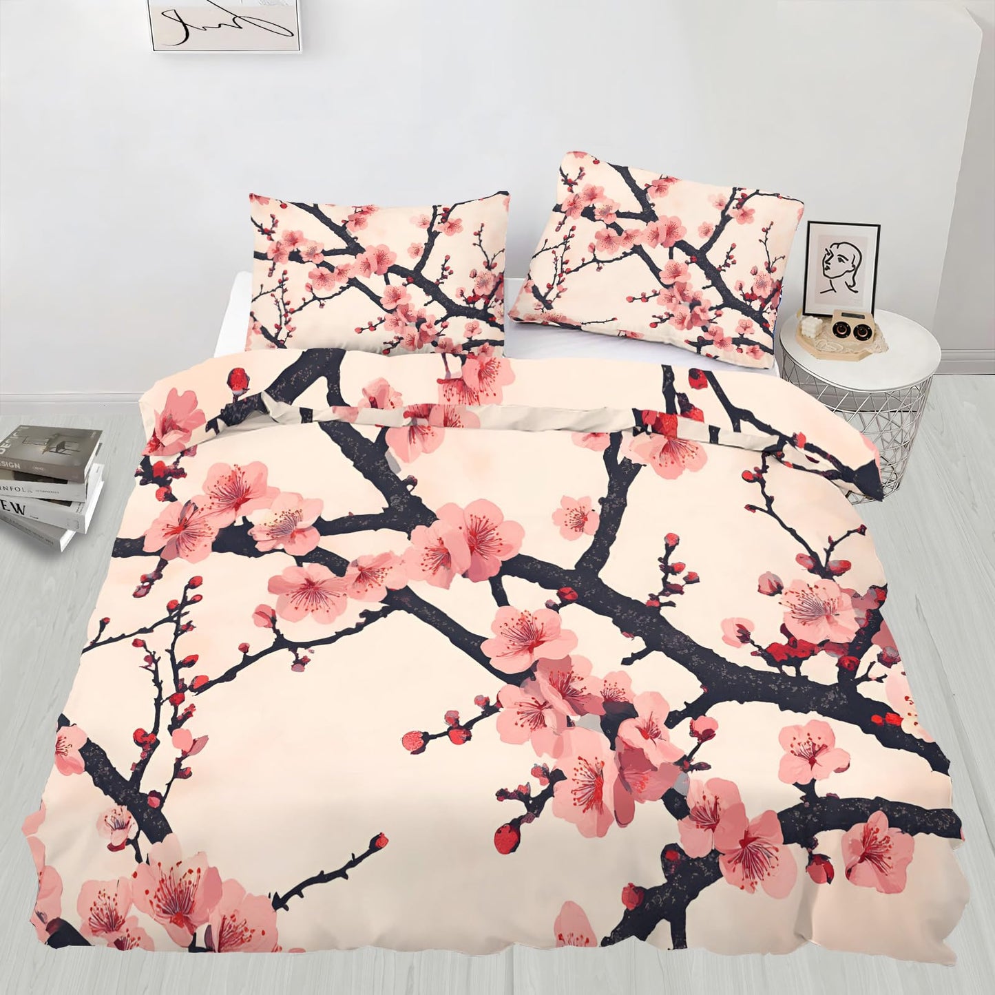 QINYUN Cherry Blossoms Duvet Cover Oversized King Size, Traditional Flower Bedding Set 3 Piece, Cherry Branch Comforter Cover 120x98 and 2 Pillow Sham with Zipper Closure