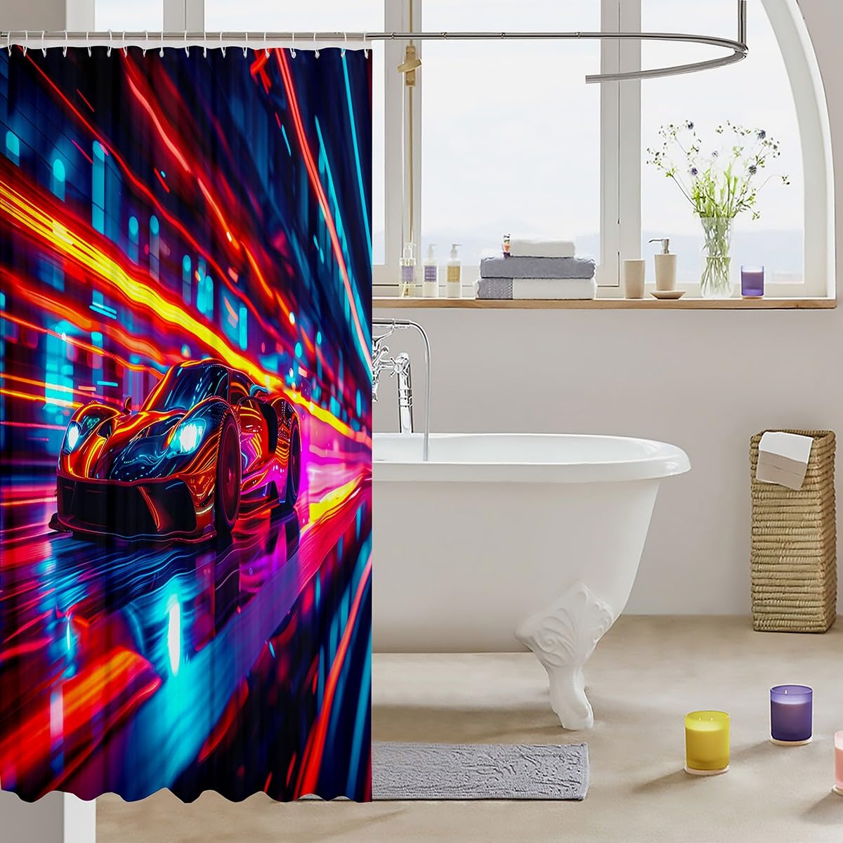 Feelyou Race Car Shower Curtain 72"x72" Speed Sports Car Bath Curtain for Boys Girls Teens Modern Racing Bath CurtainWaterproof Polyester Fabric Extreme Sports Kids Bathroom Accessories Automobile