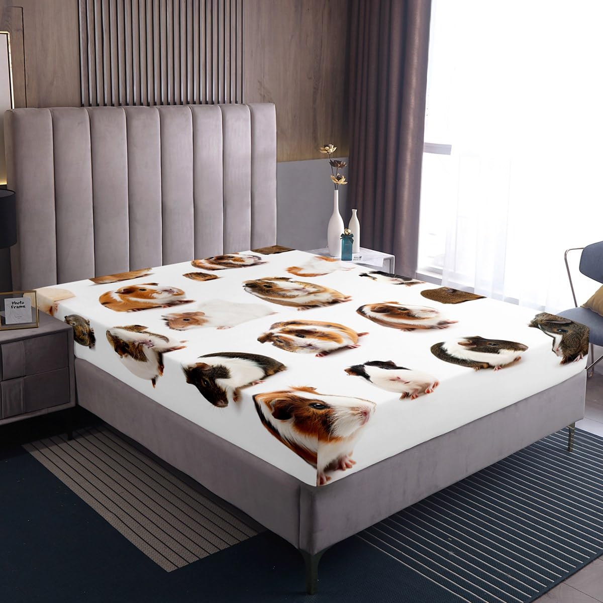 Erosebridal Guinea Pig Fitted Sheet, Kids Rodent Breeds Mouse Bedding Set Full Size, Cute Animal Pet Theme Bed Sheet for Children Boys Girls Bedroom, Lovely Guinea Pig Bed Set, White(No Top Sheet)
