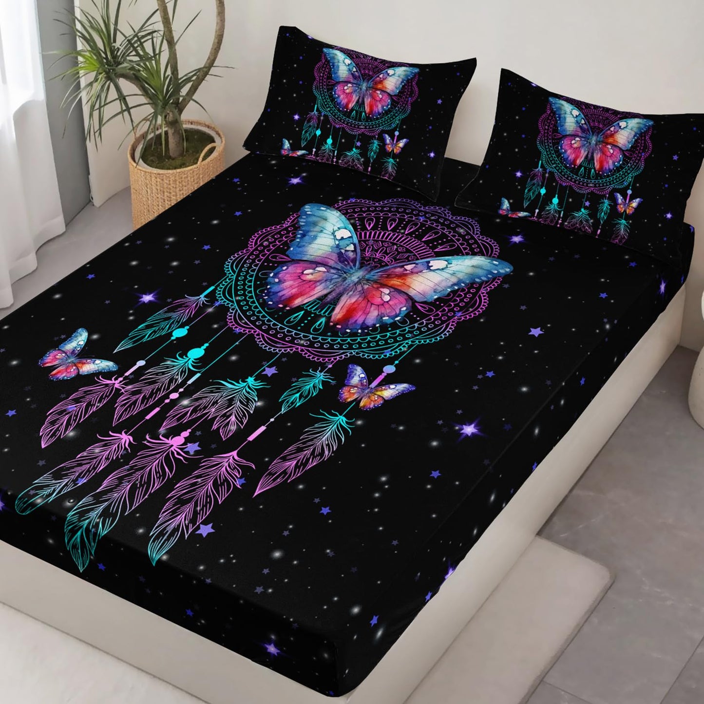 HOSIMA Butterfly Fitted Sheet Twin Size for Girls,Dream Catcher Bedding Set for Women Girls Room Decor Aesthetic,Black Galaxy Starry Print Boho Bedding Set with 2 Pillowcases.