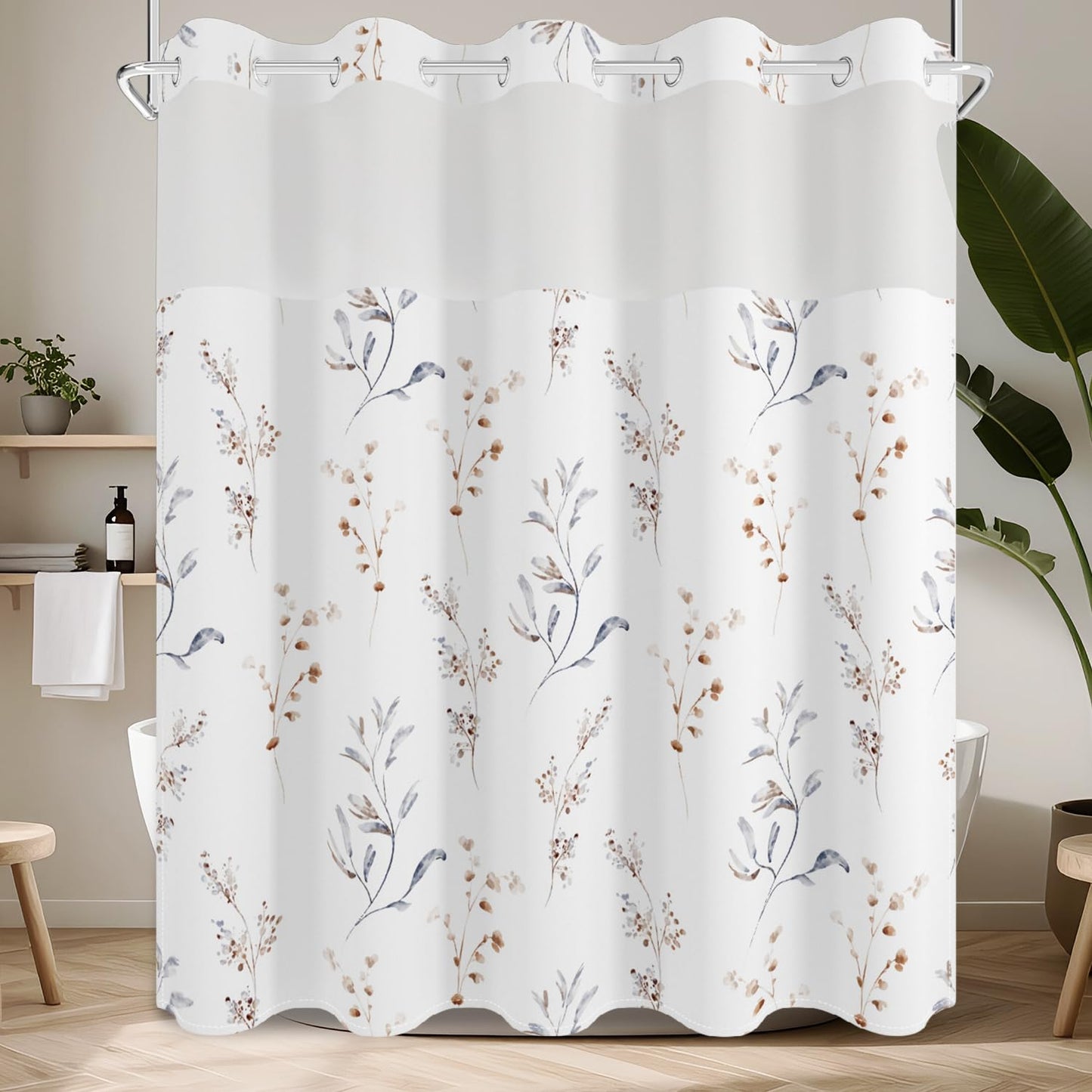 No Hook Shower Curtain with Snap in Fabric Liner Set, Waterproof & Washable, Boho Beige Floral Shower Curtains for Bathroom, Elegant Neutral Modern Hotel Botanical Flower Bathroom Curtain, 71x74 inch