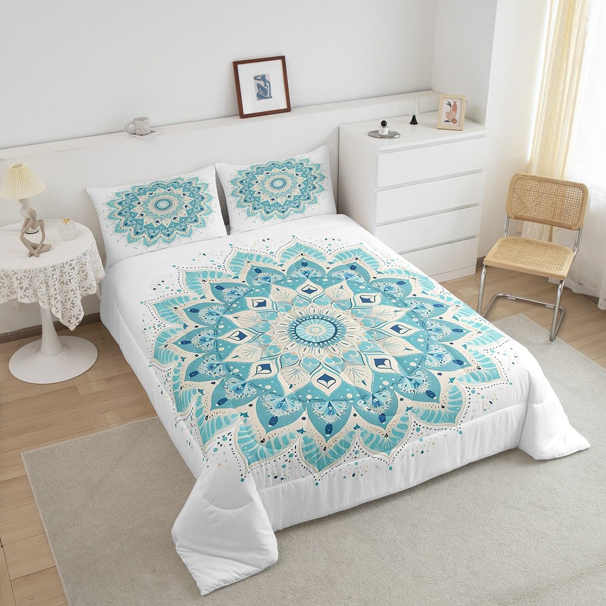 jejeloiu Hippie Mandala Bedding Set Full Size Kids Boho Mandala Comforter for Boys Girls Bohemian Style Comforter Set Green Duvet Set Room Decorations Quilt Set