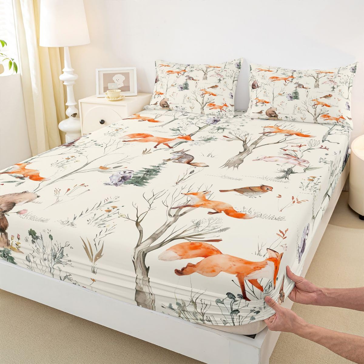 Kids Cute Animals Fitted Sheet Twin Size Cartoon Bear Fox and Rabbit Bedding Set 2Pcs for Girls Boys Adult Room Decor Foggy Tree Jungle Plants Bed Sheet Hunt Adventure Deep Pocket Sheet,Beige