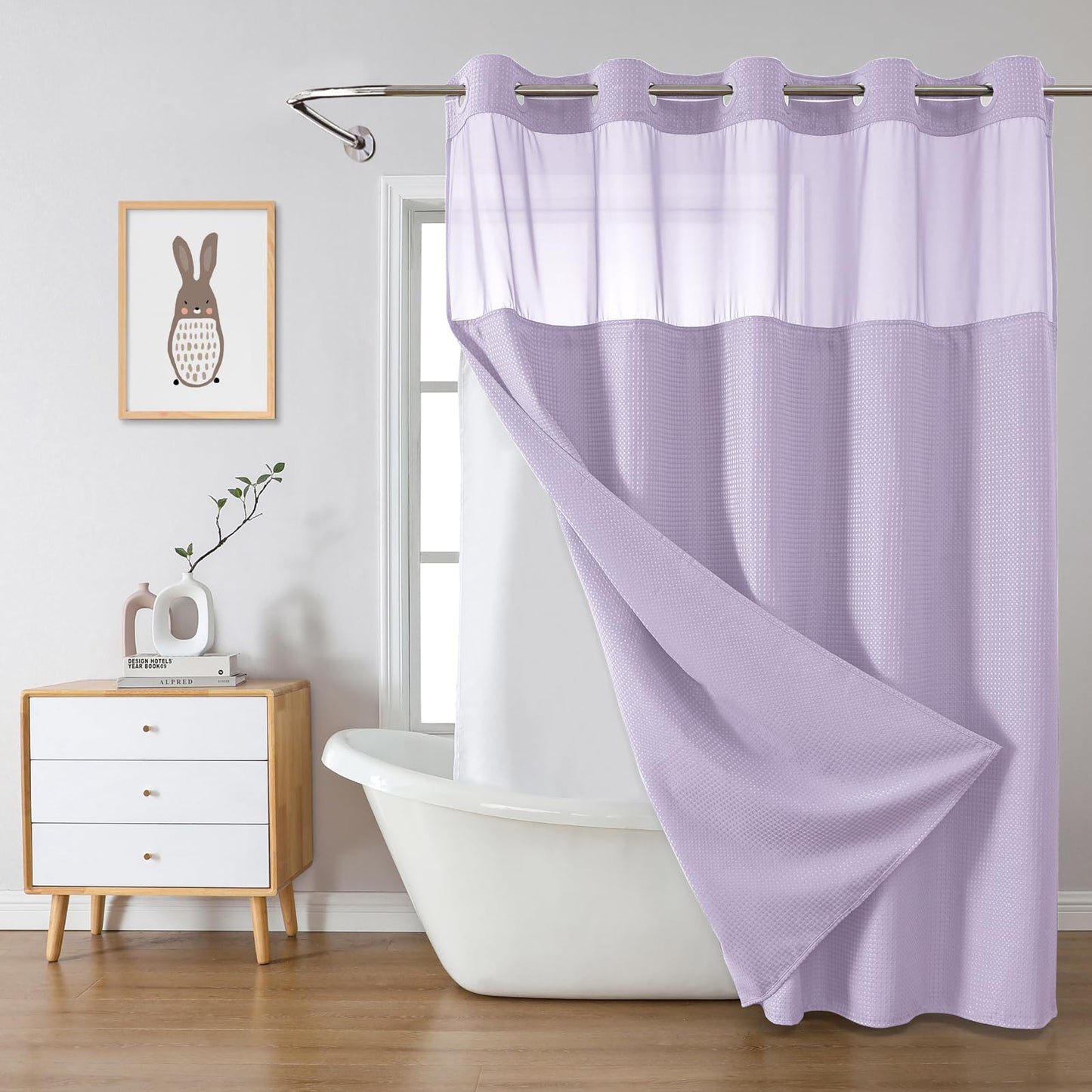 eachope Lavender No Hook Waffle Weave Shower Curtain with snap-in Liner Replacement, 230GSM Waterproof Fabric Hotel Shower Curtain Set for Bathroom, Through Mesh Top Window,71Wx74H