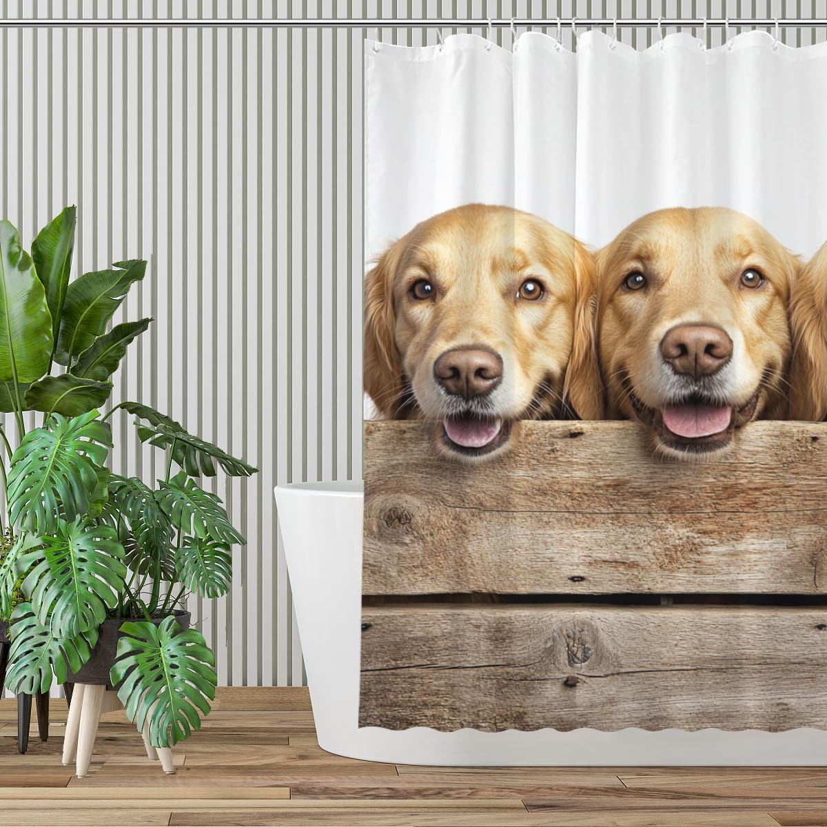 KEEPAEON Golden Retriever Shower Curtain Farmhouse Western Rustic Shower Curtain for Bathroom Set Wooden Retro Fabric Shower Curtain for Bathtub 72x72 Inch with Hooks