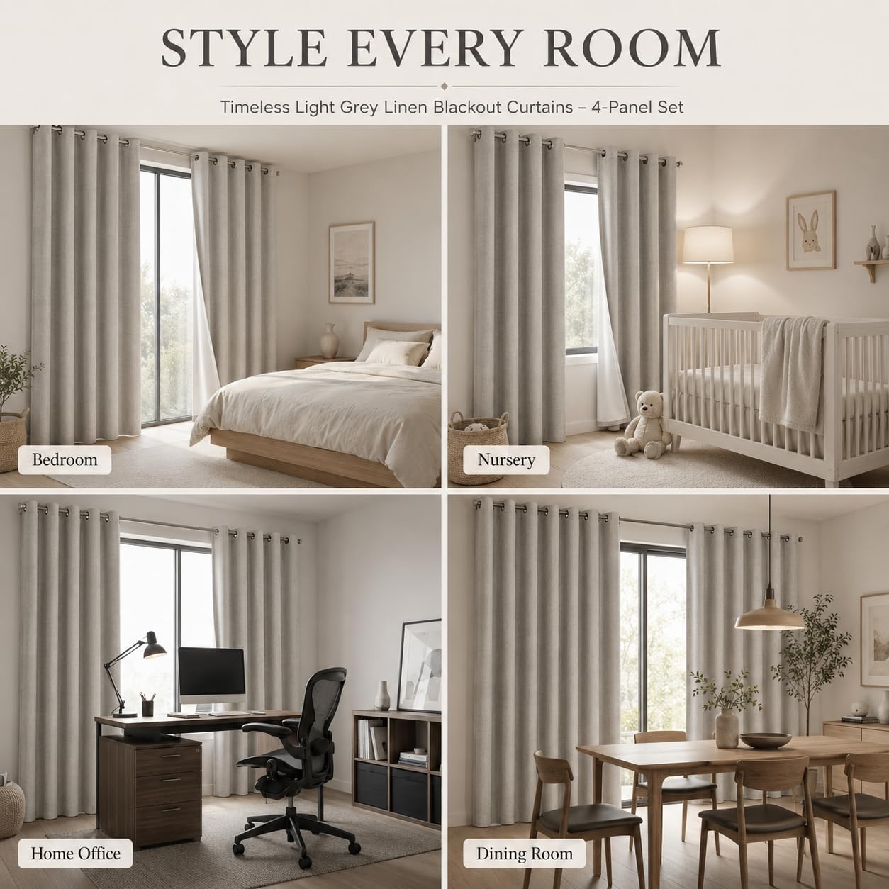 Fchozu 100% Blackout Curtains Set of 4 Panels, Grommet Drapes, Thermal Insulated and Noise Reducing Room Darkening Curtains for Bedroom Living Room
