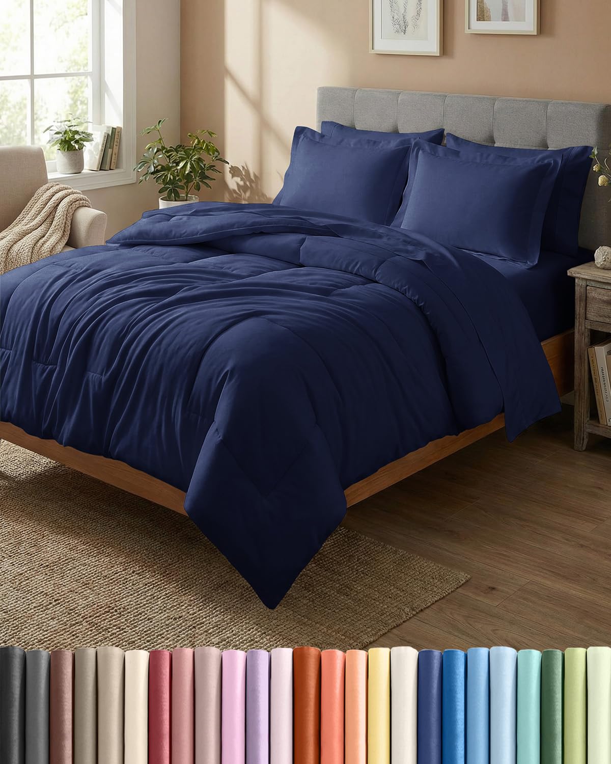 Queen Comforter Set Navy Blue - Bed in a Bag Queen Size 7 Pieces - Down Alternative Duvet Insert - Lightweight Comforter Bedding Set with Flat Sheet, Fitted Sheet, Pillowcases & Shams for All Seasons