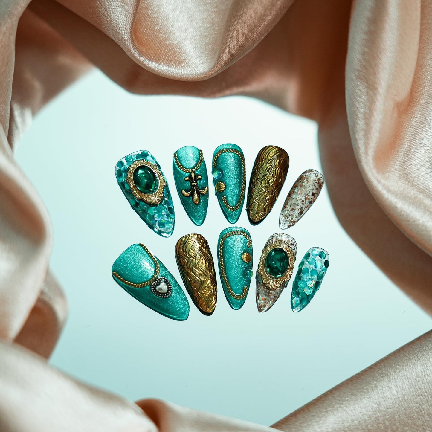 Tesytto Luxury Vintage Press on Nails Medium Almond, Handmade 3D Gemstone & Glitter Design Green Gold Acrylic Nails, Reusable False Nails (Exotic Flair,M)