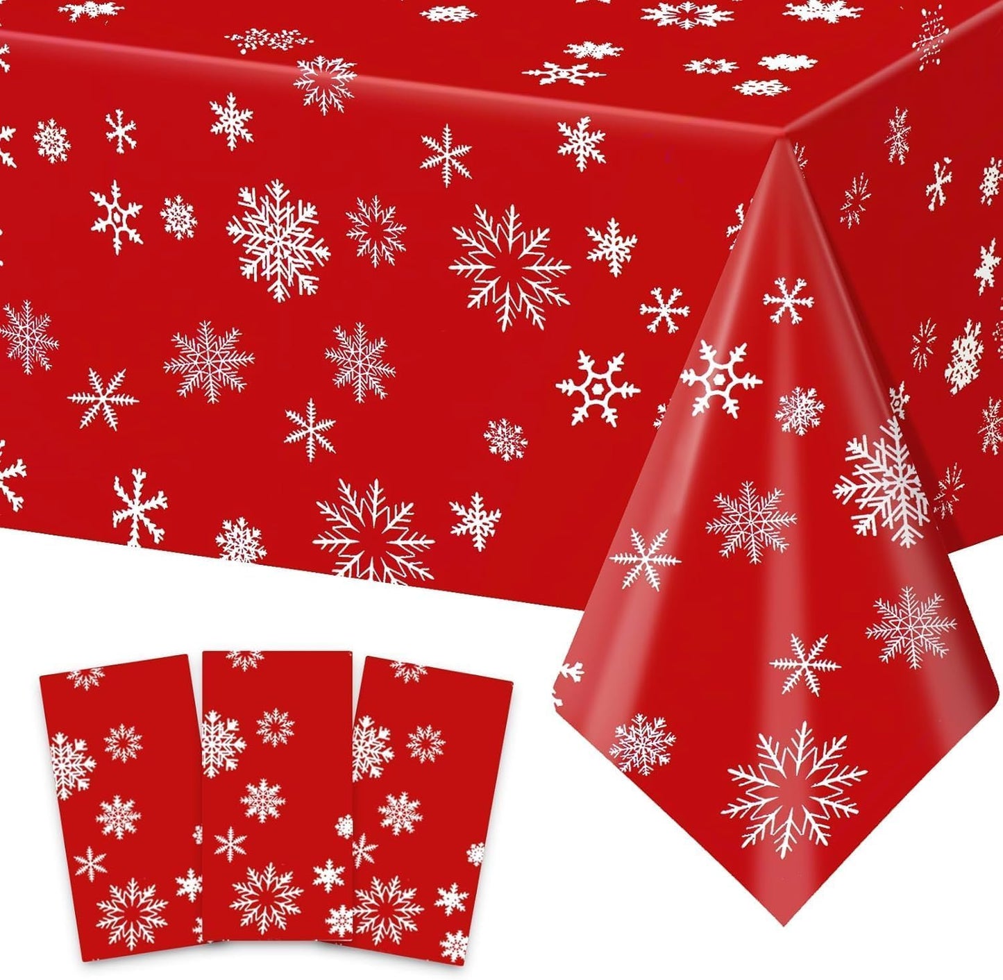 3Pack Christmas Plastic Party Tablecloth for Rectangle Tables, Christmas Disposable Table Cloth Decoration, Red Snowflake Xmas Tablecloths for Winter New Year Holiday Supplies,54x108in