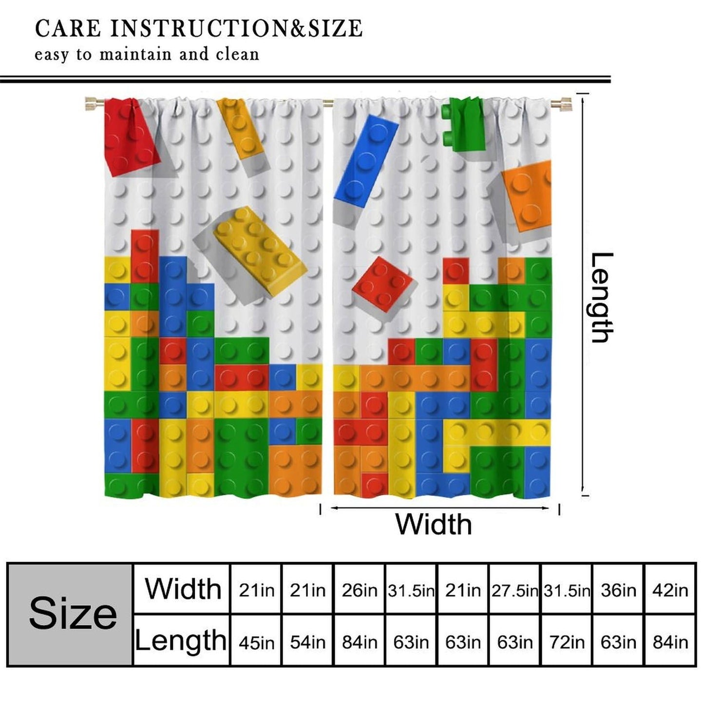 AAVEUP Building Blocks Curtains,Abstract Colorful Geometric Brick Constructor Toy Children's Puzzle Windows Treatments Rod Pocket Drapes for Nursery Baby Living Room Bedroom 42x44.5in（No Blackout）