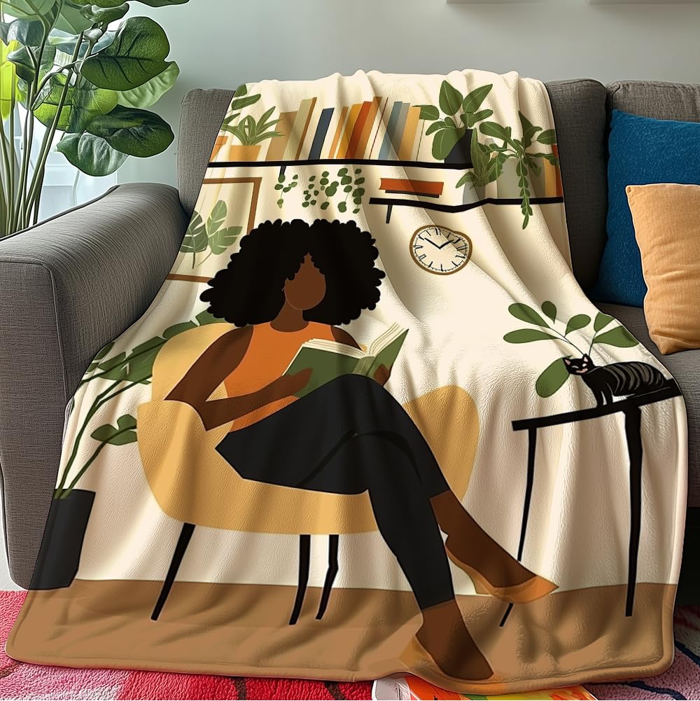 HUNXIAOJ African American Gifts for Women Black Girl Blanket Boho Print Blanket African American Decor Warm Soft Flannel for Girls Woman Teens Adults Bed Sofa Couch (50 in x 60 in)