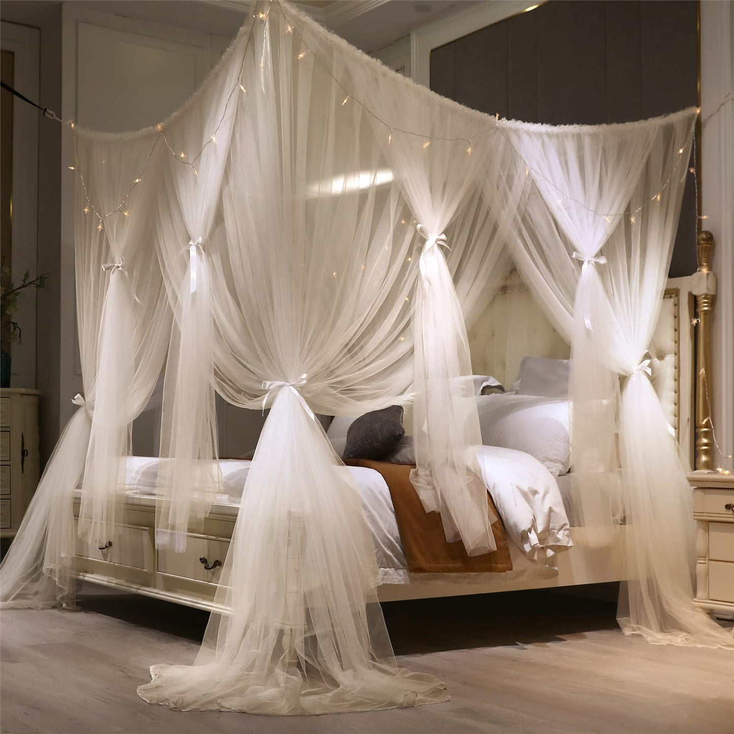 VETHIN 4 Corners Post Princess Bed Canopy Curtain Double Layer Cozy Drape Netting 4 Opening Mosquito Net for Girls & Adults Bedroom Decoration Accessories (Double White, 47" W*78" L*82"*H/Twin)