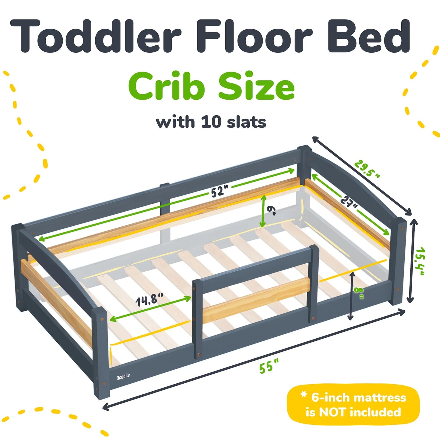 Ocodile Toddler Bed with Rails | Low Montessori Floor Bed Frame for Kids | Standard Crib Size Wooden Frame for Independent Toddlers 1-3 - Gray