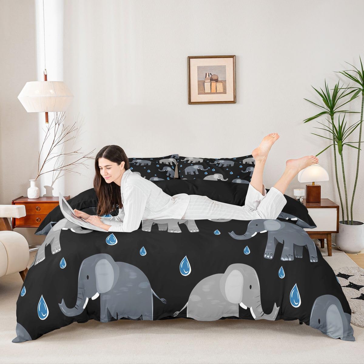 Erosebridal Elephant Comforter Cover Twin Black and Gray Duvet Cover for Kids Teens Raindrops Bedding Set Wild Animals Bed Set