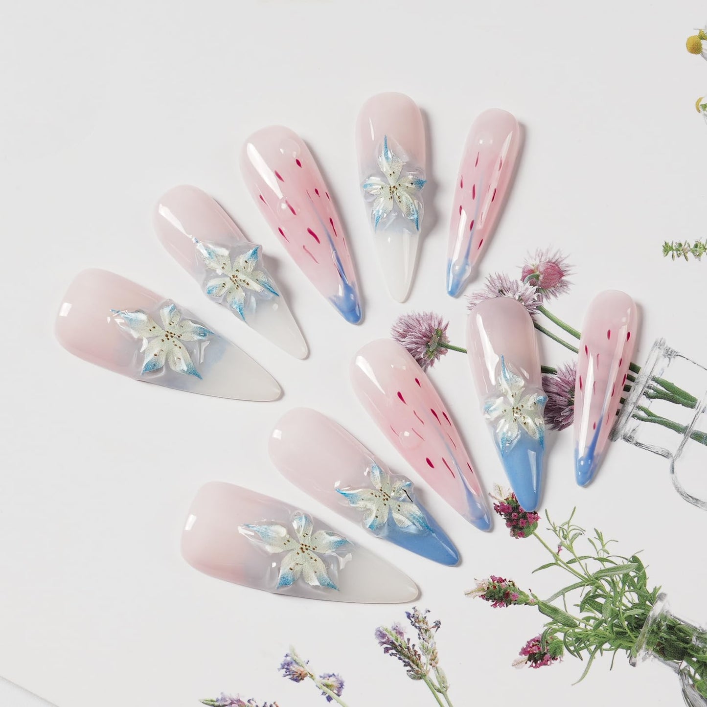 Tesytto 3D Floral Press On Nails Long Stiletto Fake Nails – Elegant Handmade Ombre Nail Art with Lilies Flowers Designs, Multi-Layer Gel Reusable Acrylic Nails for Women (3D Lily Ombre, M)