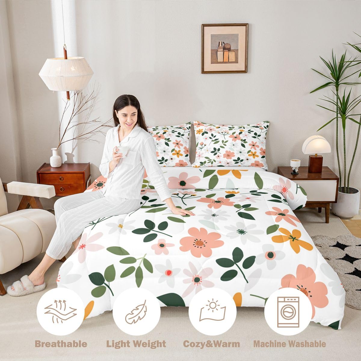 Feelyou Cute Floral Kids Comforter Set Queen Size Cartoon Flower Bedding Set Plant Duvet Quilt for Kids Boys Girls Bedroom Natural Decor Microfiber Ultra Soft Breathable