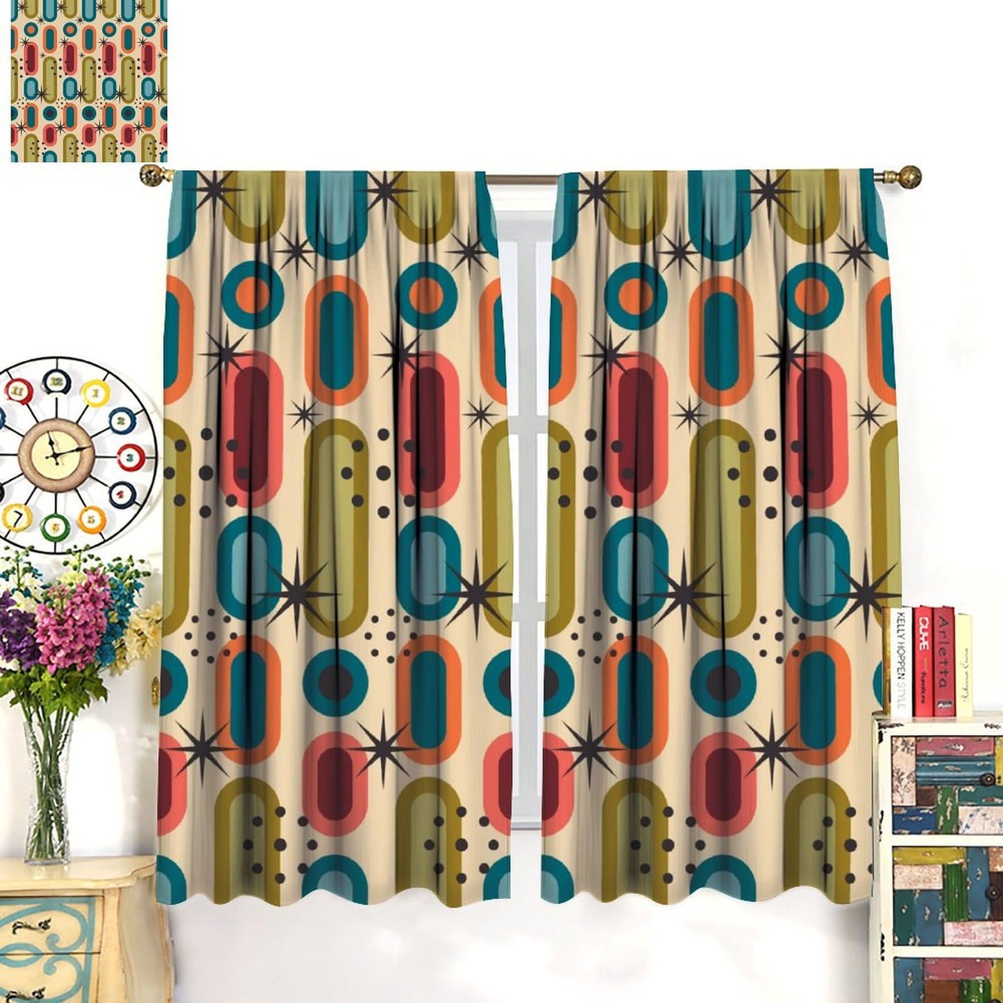 Focusbrite Mid Century Window Curtains,Retro Square Design Modern Style Blackout Window Curtains for Bedroom Living Room Home Set 2 Panels,42x45 Inches