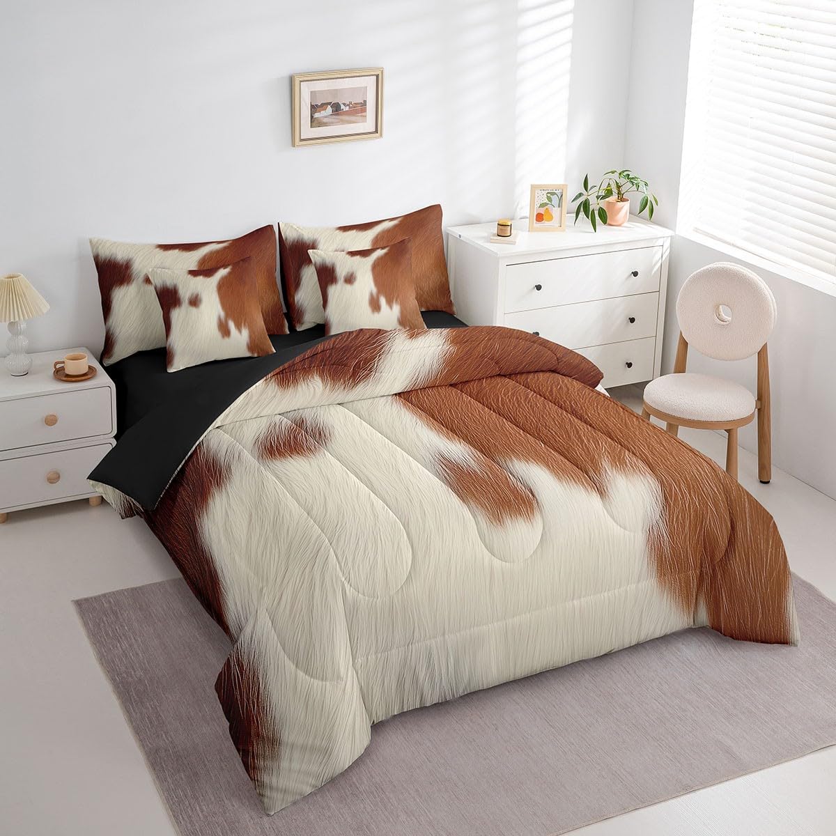 Erosebridal Cowhide Comforter Set King Size for Boys Farm Animal Fur Bedding Set 7 Piece Cute Cow Print Bed in A Bag for Kids Teens Youth Women Room Farmhouse Wildlife Skin Sheets, Breathable