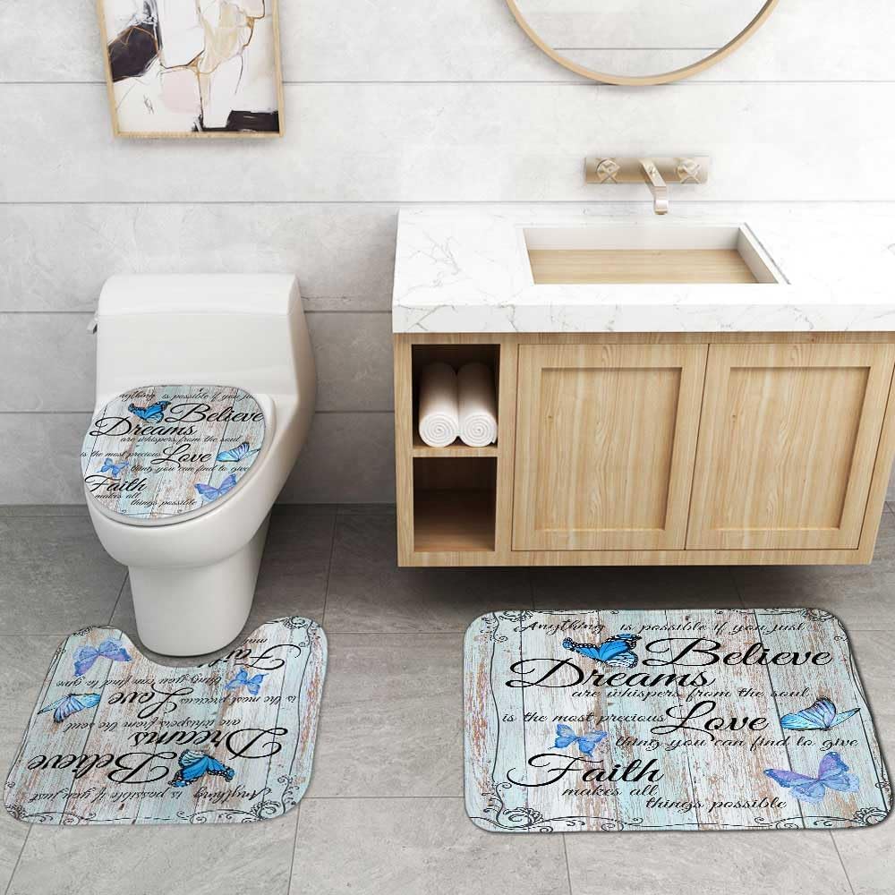 AYULO 4 PCS Blue Butterfly Shower Curtain Set with Rugs and Accessories Non-Slip Rugs, Toilet Lid Cover and Bath Mat Waterproof Shower Curtains Inspirational Quotes Farmhouse Bathroom Decor