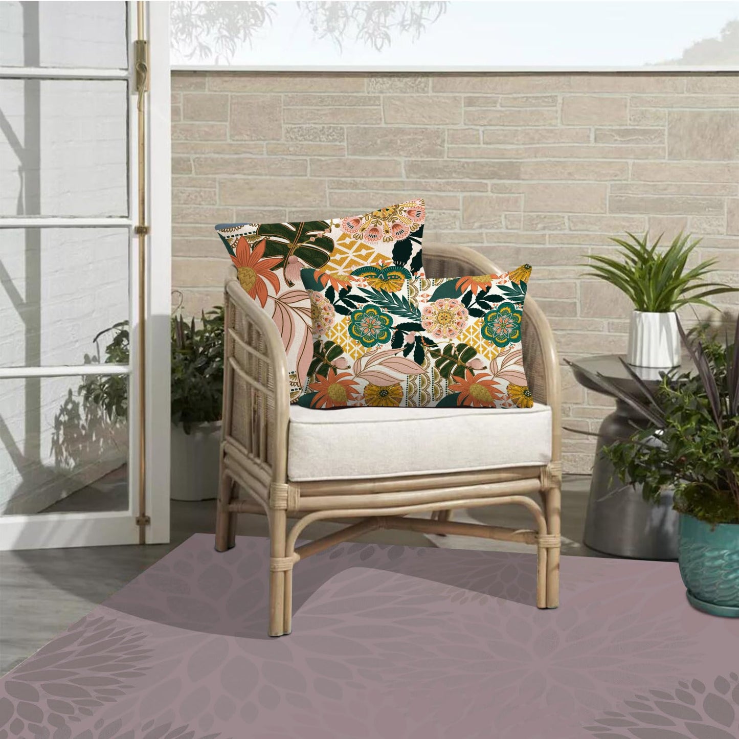Jartinle Flower Boho Outdoor Lumbar Pillow Covers 12x20 Waterproof Set of 2 Bohemian Blooming Floral Tropical Leaves Pattern Patio Throw Pillow Covers for Porch Balcony Garden