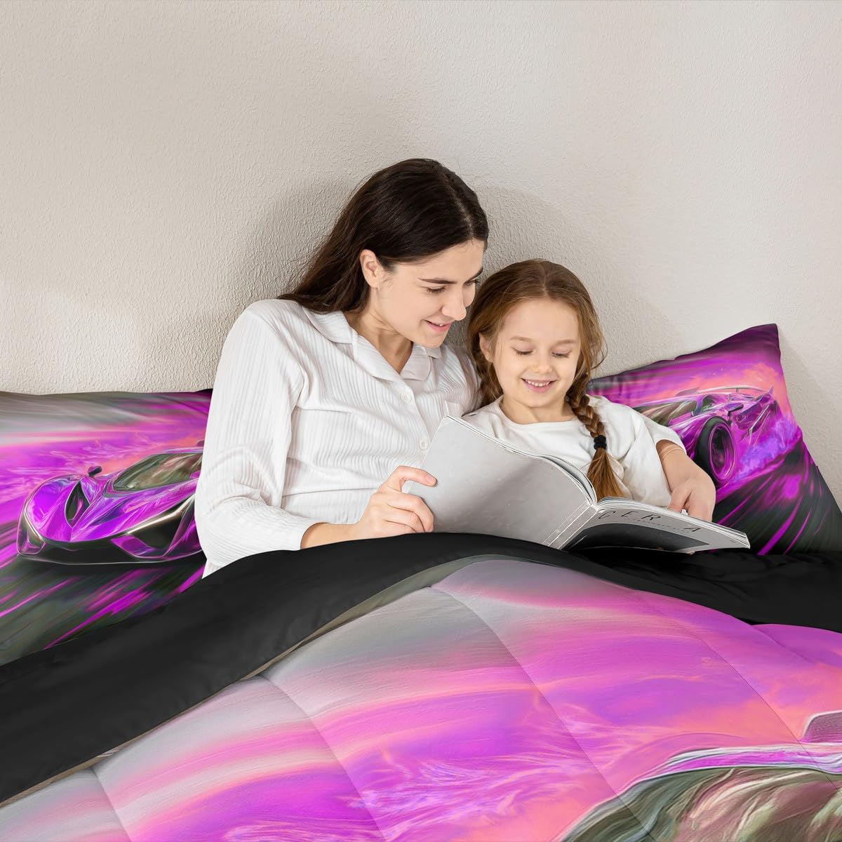 jejeloiu Race Car Comforter Set All Season Cooling Sports Car Bedding Set with 1 Pillow Cases Extreme Sports Microfiber Kids Twin Bedclothes Purple Bedroom Decor Duvet Quilt Breathable