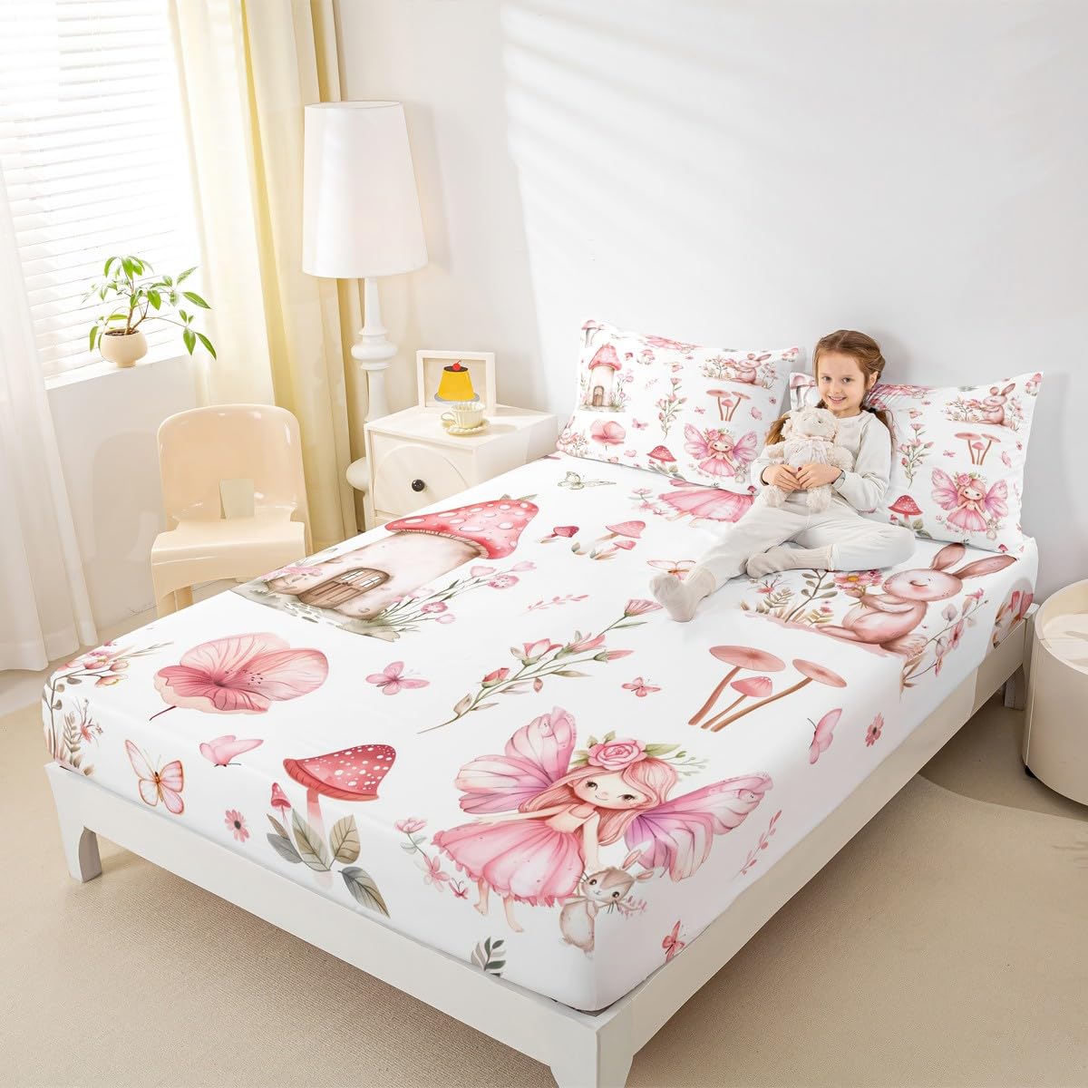 Erosebridal Fairy Garden Twin Bedding Set - Mushroom Floral Butterfly Fitted Sheet for Kids Girls, Pink Flower Bunny Bottom Sheets Only | Forest Themed Fairies Bed Set 2 Piece Room Decor