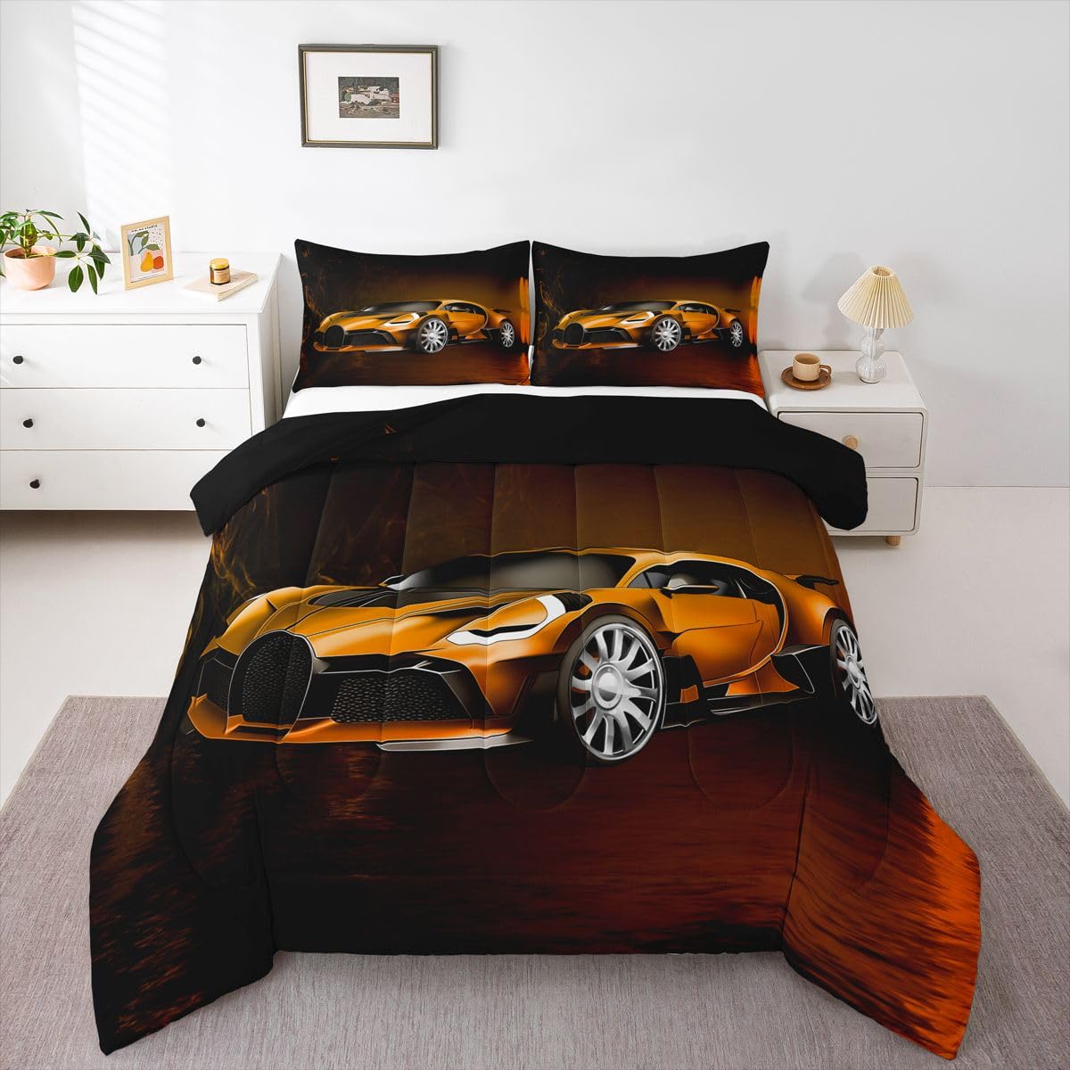 Feelyou Race Car Comforter Toddler Twin, Orange Racecar Bedding Set for Kids Boys Girls Down Duvet Insert Set Cool Speed Sports Car Bedroom Decor Quilt Comforter with 1 Pillowcase Warm Bedding
