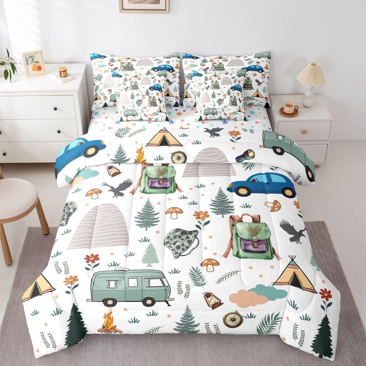 Feelyou Camper Theme Comforter Set With Sheets 7 Piece Twin Size Happy Camping Bedding Set for Kids Boys Girls Car Rv Accessories Bed in a Bag Mountain Adventure Room Decor Soft Lightweight Microfiber