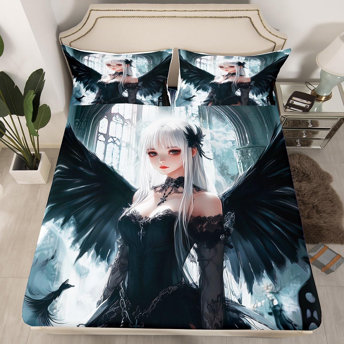 Erosebridal Anime Girl Bed Sheets Queen Size, Kawaii Japanese Anime Fitted Sheet for Kids Boys Teens Adult, Cartoon Girl Bedding Set Japan Animation Bedroom, Machine Washable, Black White