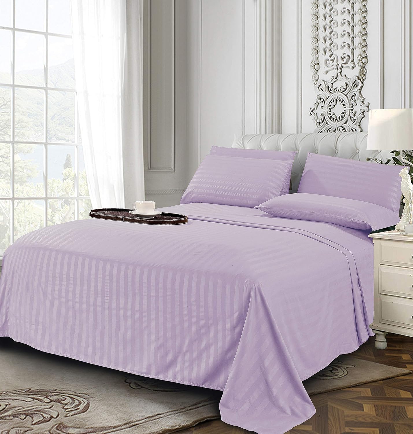 Elegant Comfort Luxury Soft Bed Sheets Dobby Stripe 1500 Premium Hotel Quality Microfiber Softness Wrinkle and Fade Resistant (4-Piece) Bedding Set, Twin XL, Stripe Periwinkle Lavender