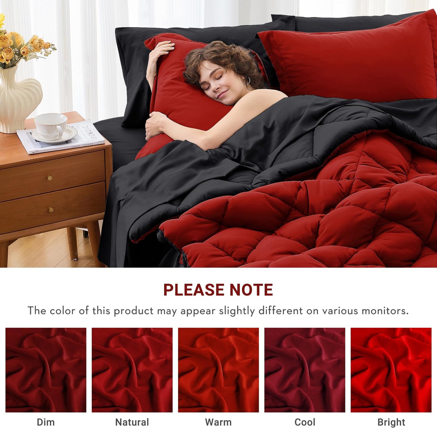 MUXHOMO 7 Pieces Queen Comforter Set, Reversible Bed in a Bag Queen Size, All Season Bedding Set with Comforter, Flat Sheet, Fitted Sheet, Pillowcases & Shams, Red & Black