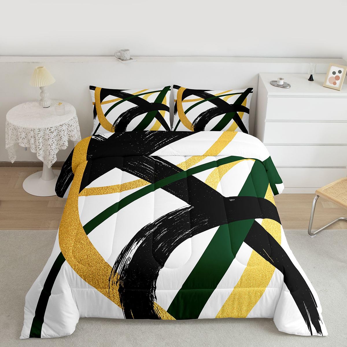 Feelyou Black Gold Green Comforter Set All Season Modern Abstract Geometric Bedding Set with 2 Pillow Cases Minimalist Neutral Microfiber Kids Queen Duvet Quilt Breathable Soft Lightweight