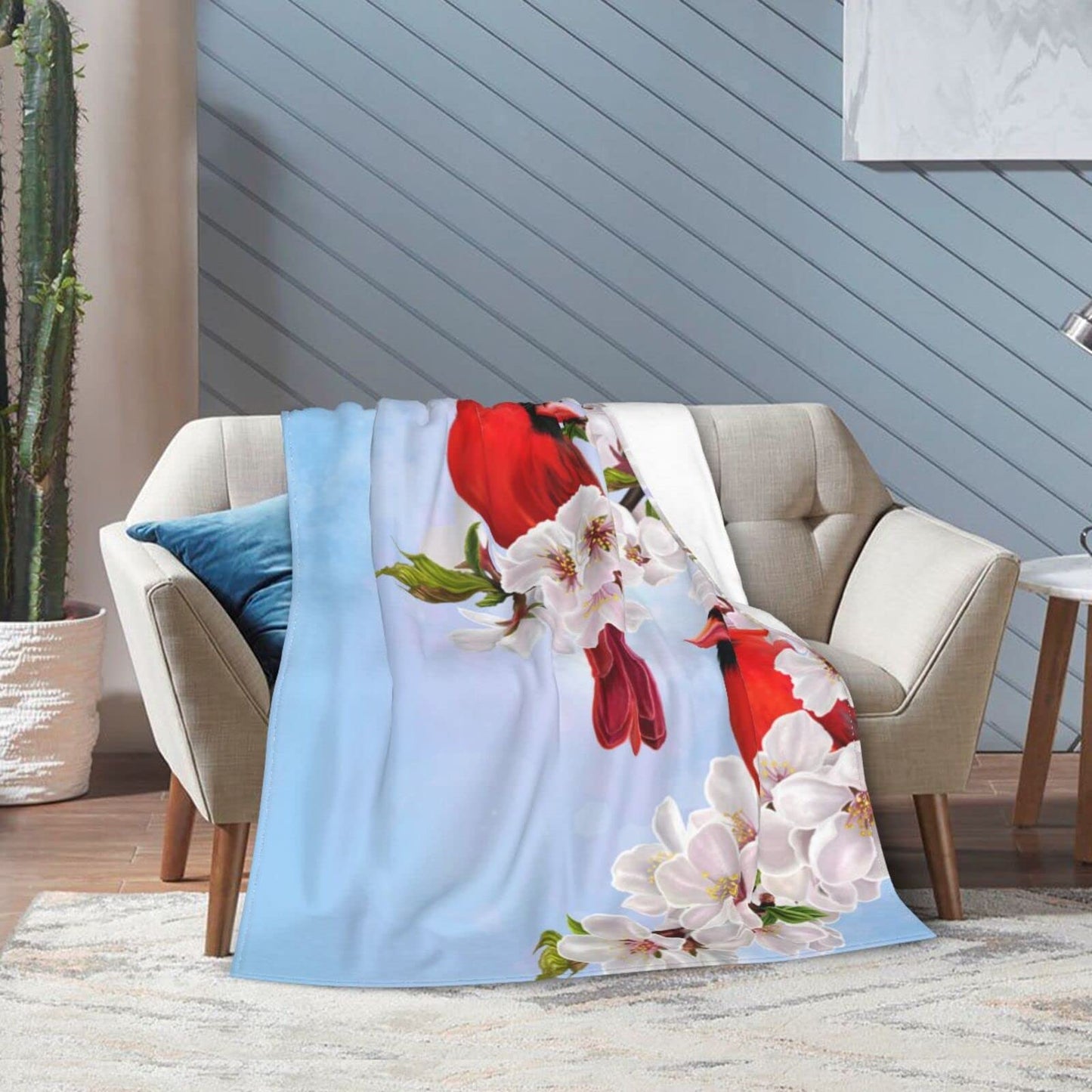 Perinsto Red Cardinal Birds and Cherry Flowers Throw Blanket Ultra Soft Warm All Season Decorative Fleece Blankets for Bed Chair Car Sofa Couch Bedroom 50"X40"