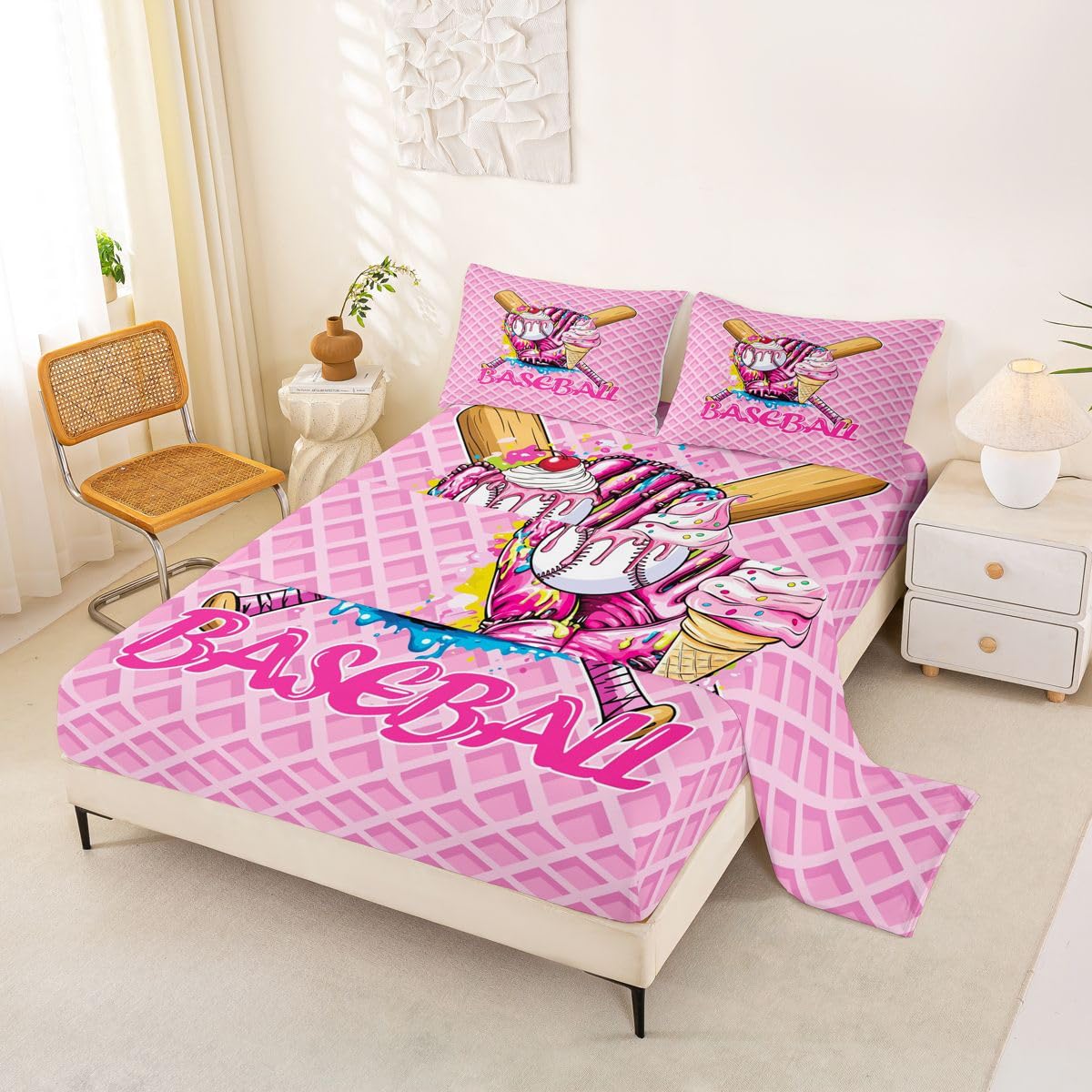 Homewish Baseball Ice Cream Drip Kids Sheet Full Size,Baseball Bat Gloves Ball Sport Competition Bedding Set, Biscuit Cherry Dessert Softball Kids Room Decor,Pink Sheet(Fitted+Flat+2 Pillowcases)