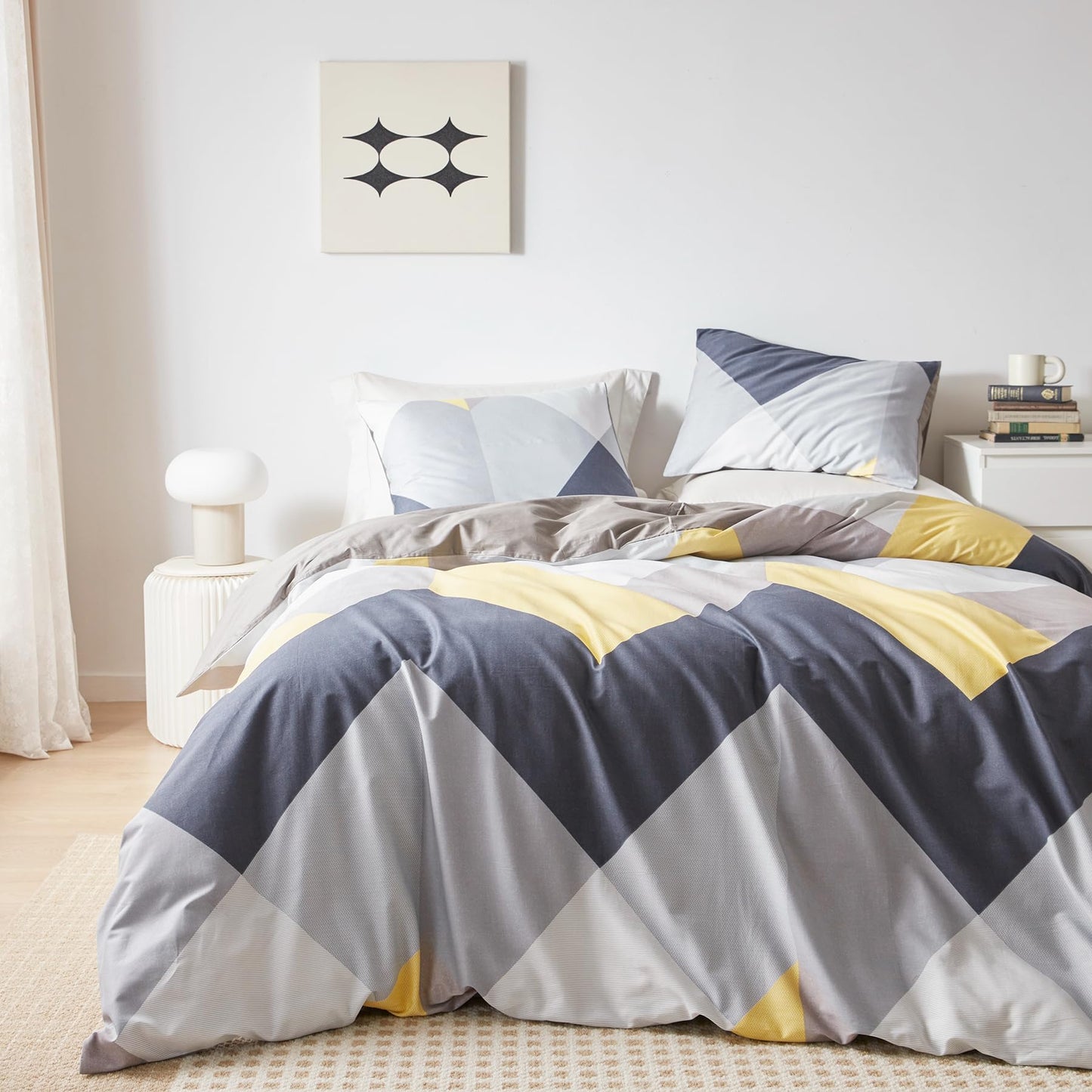 SUSYBAO Reversible Striped Duvet Cover Queen 100% Cotton 3 Pcs Set 1 Blue Yellow Chevron Pattern Duvet Cover with Zipper Ties 2 Pillowcases Neutral Grey Geometric Print Bedding Set Soft