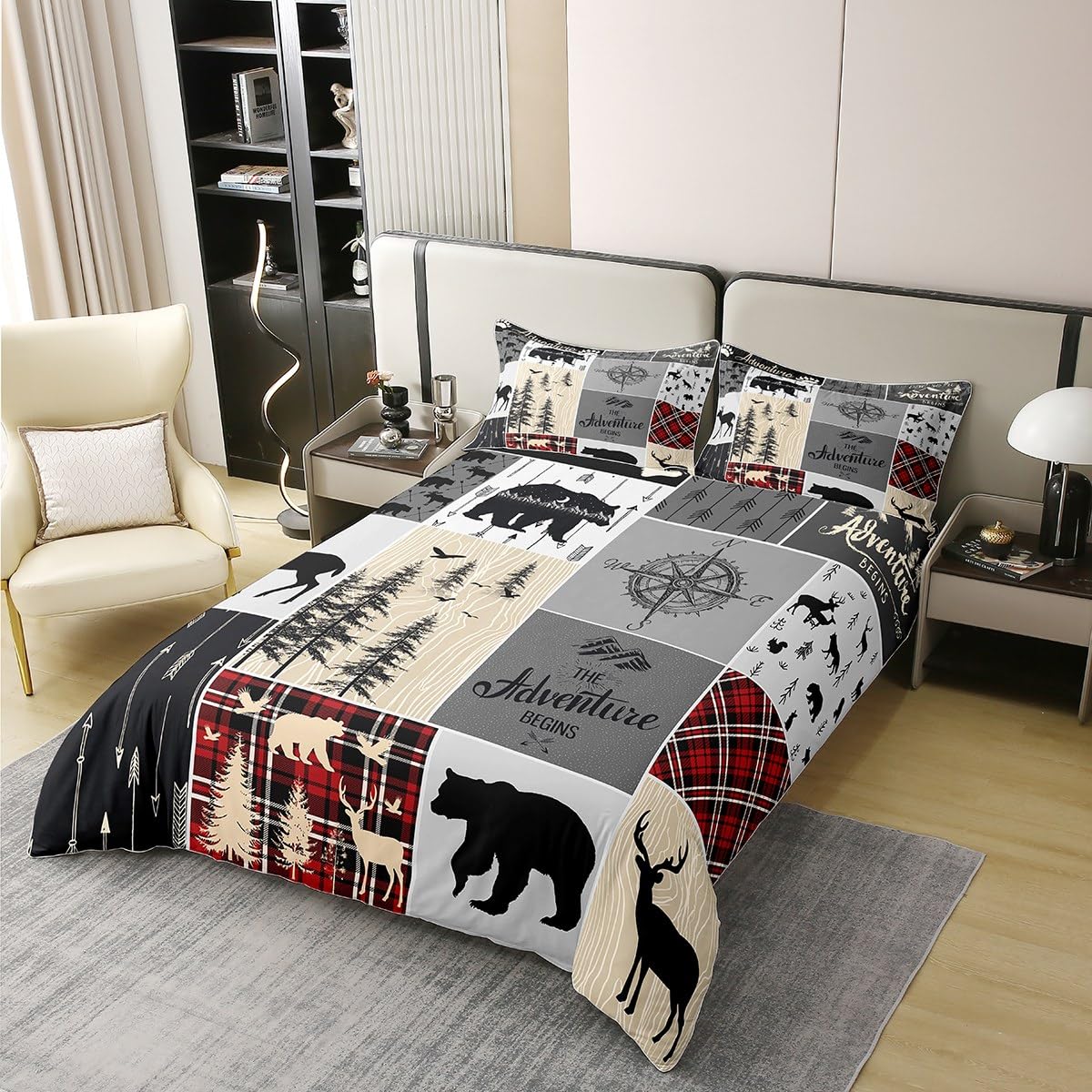 Erosebridal Retro Cabin 100% Cotton Duvet Cover Queen Size for Kids Rustic Bear Deer Comforter Cover Hunting Wildlife Bedding Set for Boys Teens Men Bedroom Plaid Lodge Farmhouse Bedclothes