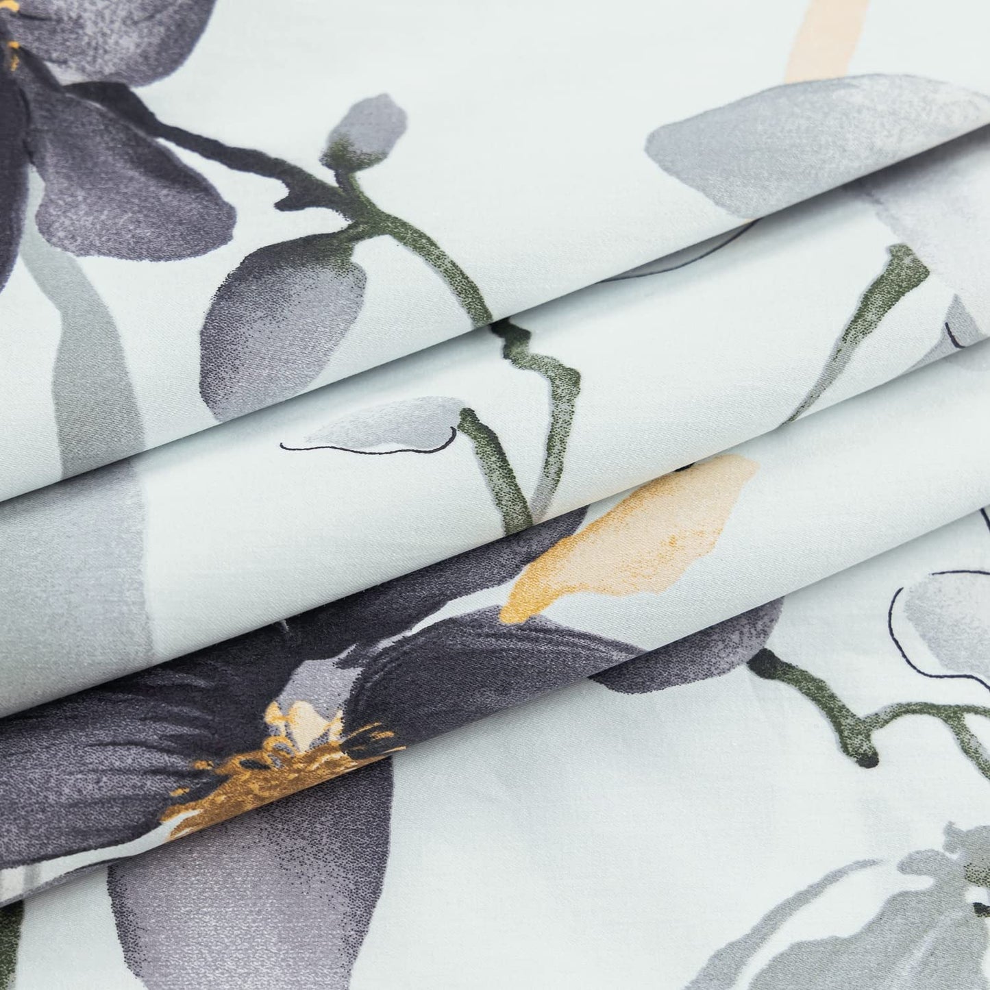 YuHeGuoJi Grey Floral Duvet Cover King 100% Egyptian Cotton 3 Pcs Set 1 Light Blue Botanical Duvet Cover with Zipper Ties 2 Pillowcases Garden Gray Plant Flower Bedding Set Soft