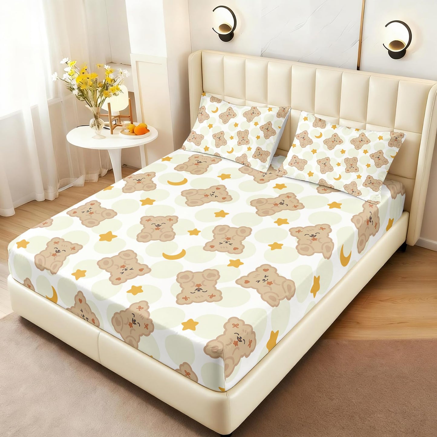 AILONEN Cute Bear Fitted Sheet Set Twin Size,3-Piece Kawaii Brown Teddy Bear Bed Sheet Set for Boys Girls,Lovely Animal Themed Fitted Sheet with 2 Pillowcases